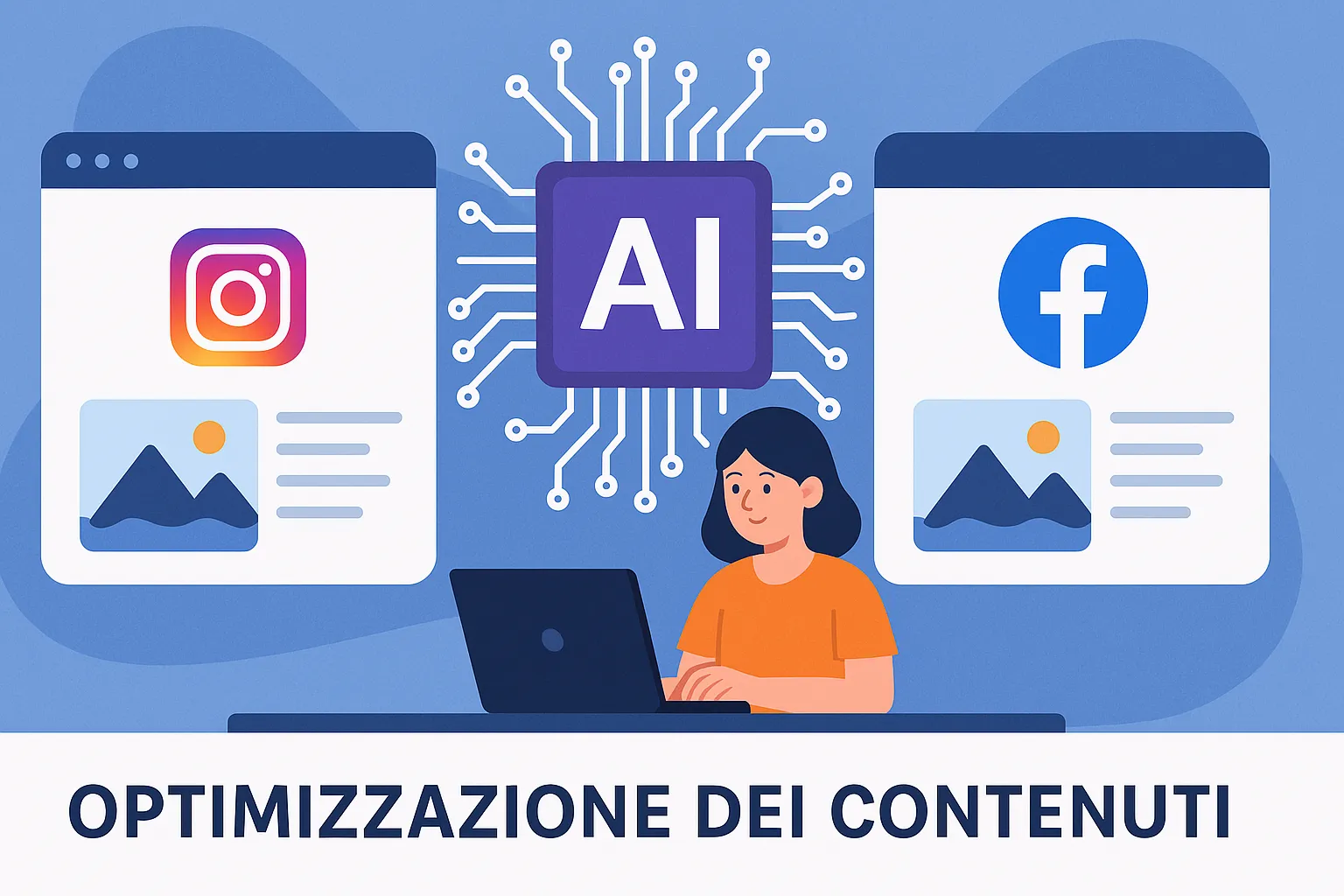 Immagine che illustra l'uso dell'intelligenza artificiale per ottimizzare contenuti su Instagram e Facebook.