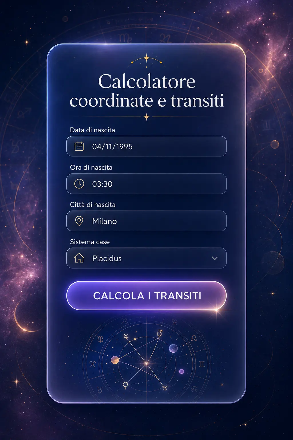 Interfaccia del calcolatore astronomico di Genia Sibilla con dati celesti